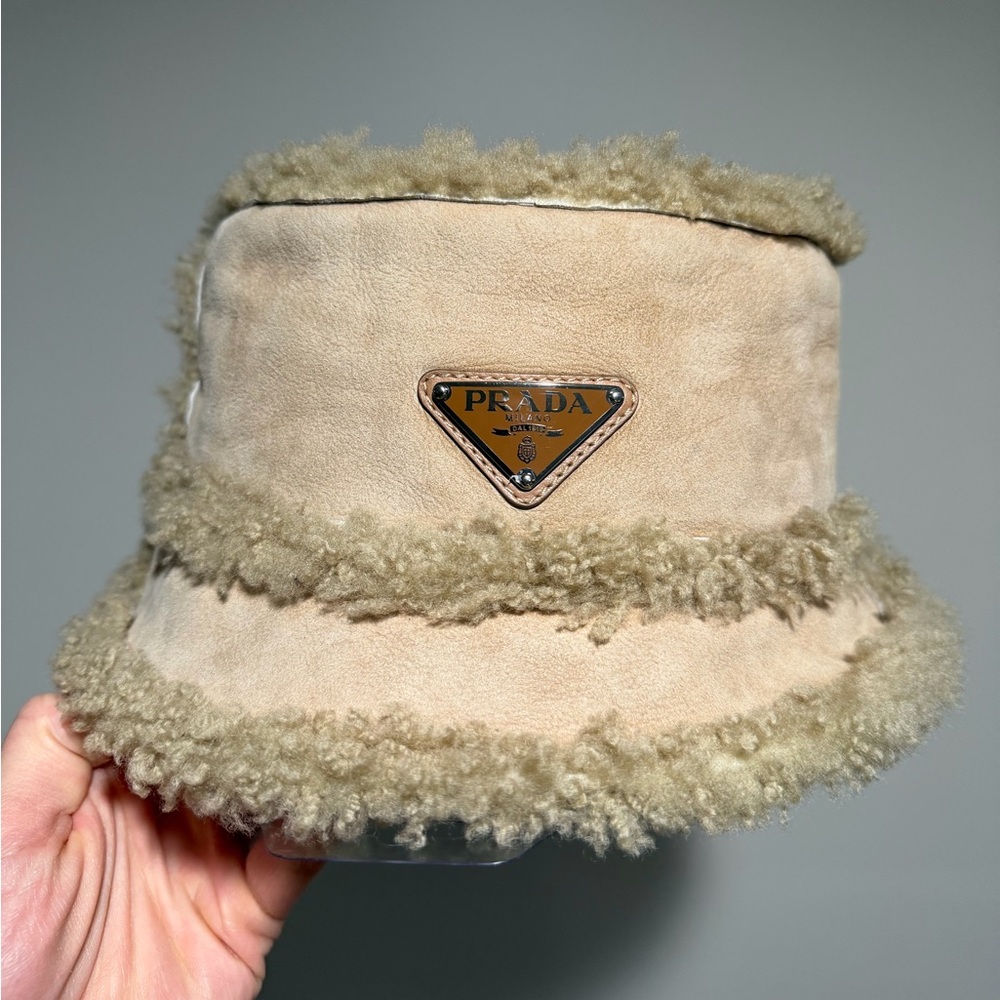 Prada Beige Leather Sheep Fur Bucket Shearling Hat